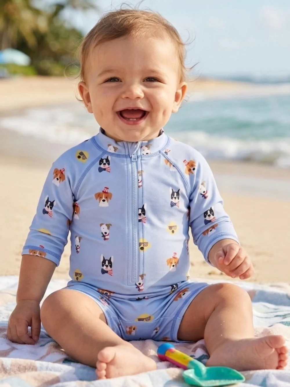 Janie & Jack. - Baby one piece swimsuit Dogs print rush guard light blue 6 -12 m